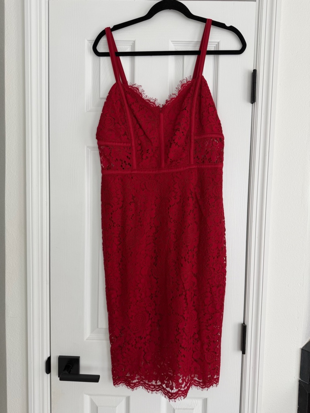 Express Red Lace Midi Dress with Spaghetti Straps